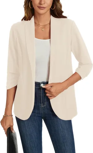 MINTLIMIT Blazers for Women 3/4 Ruched Sleeve Shawl Collar Open Front Business Jacket Blazer Work Office Blazers Jackets