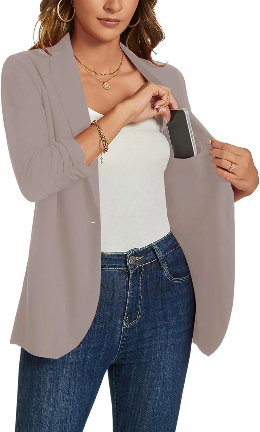 MINTLIMIT Blazers for Women 3/4 Ruched Sleeve Shawl Collar Open Front Business Jacket Blazer Work Office Blazers Jackets