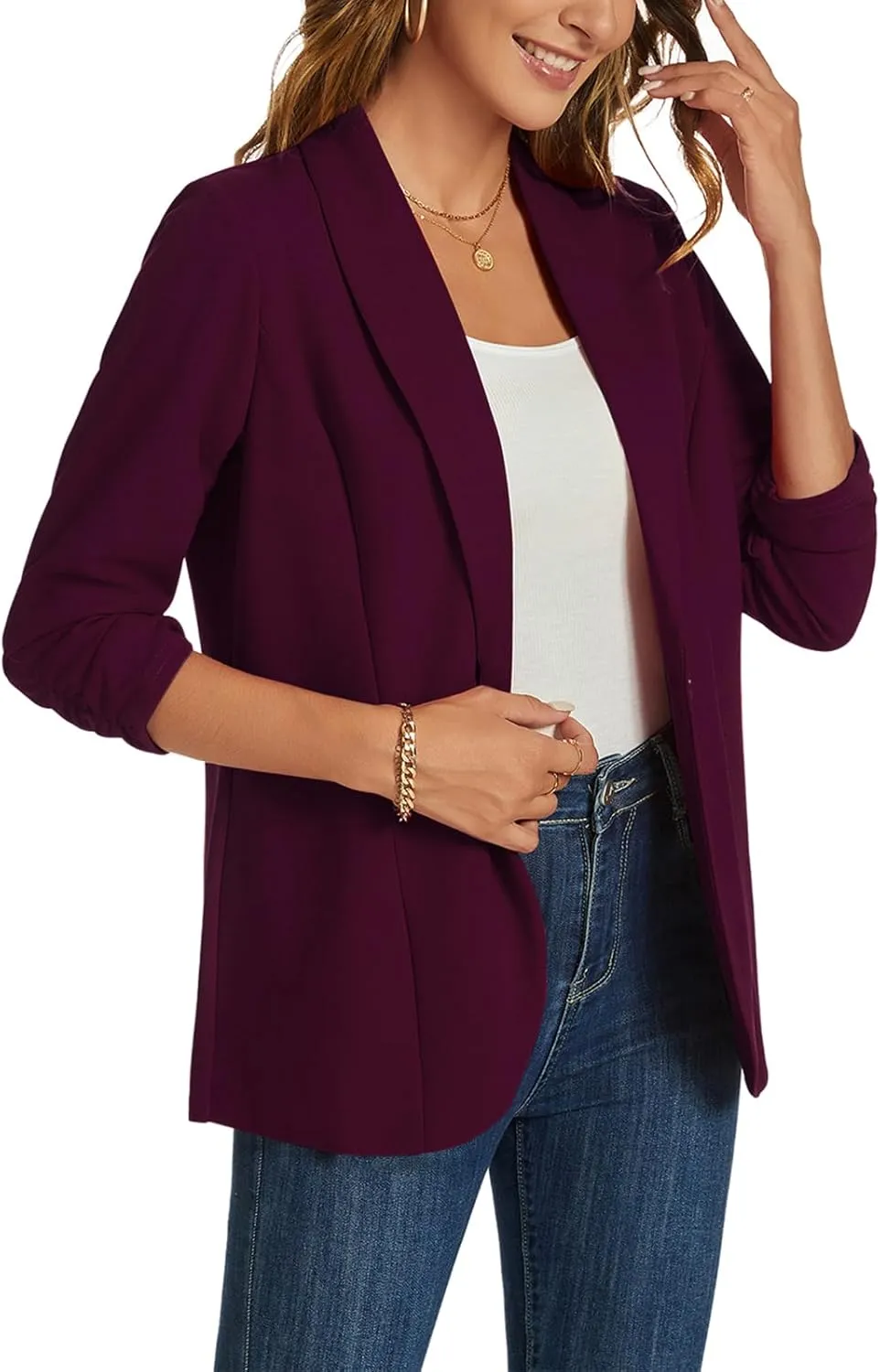 MINTLIMIT Blazers for Women 3/4 Ruched Sleeve Shawl Collar Open Front Business Jacket Blazer Work Office Blazers Jackets