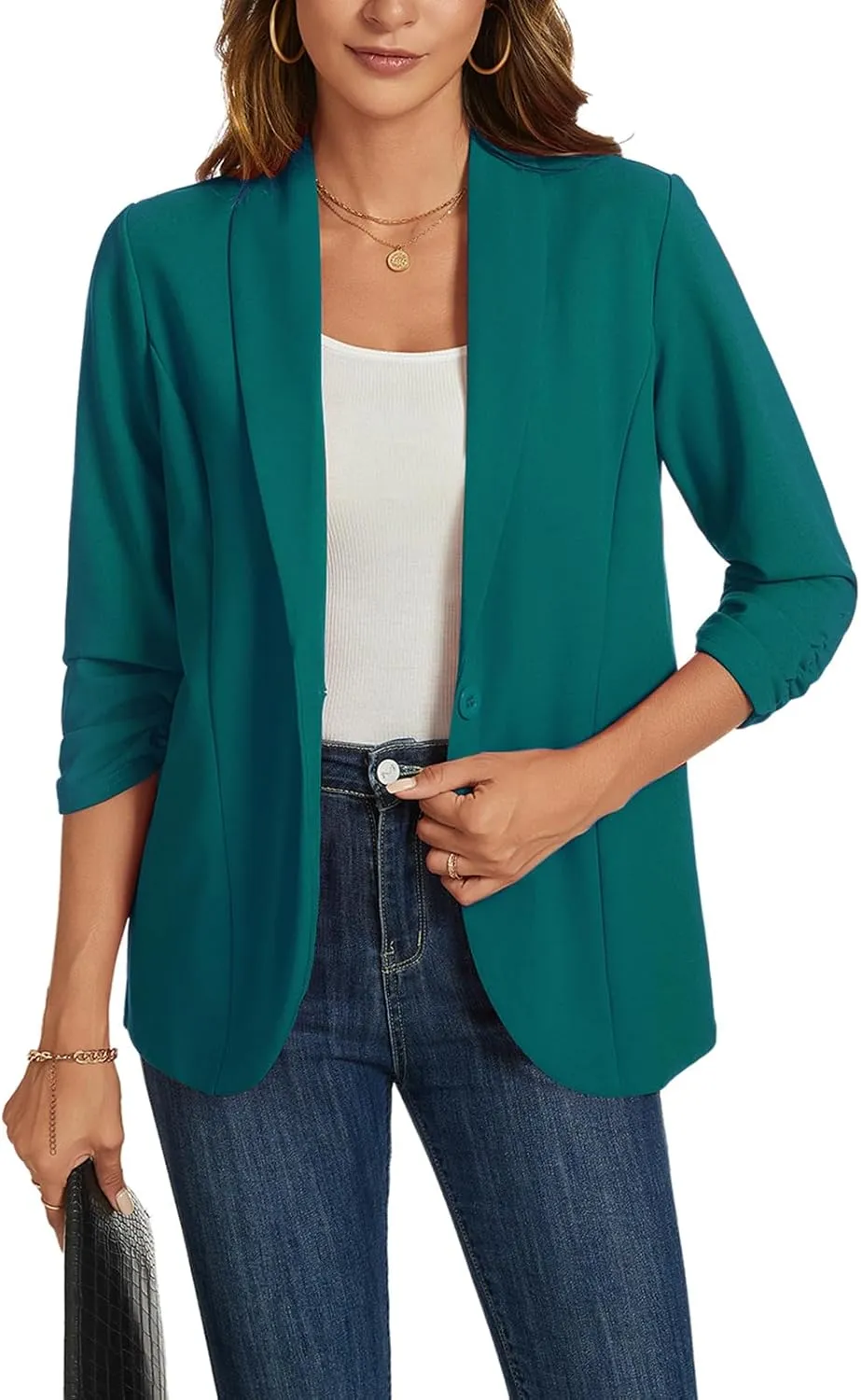 MINTLIMIT Blazers for Women 3/4 Ruched Sleeve Shawl Collar Open Front Business Jacket Blazer Work Office Blazers Jackets