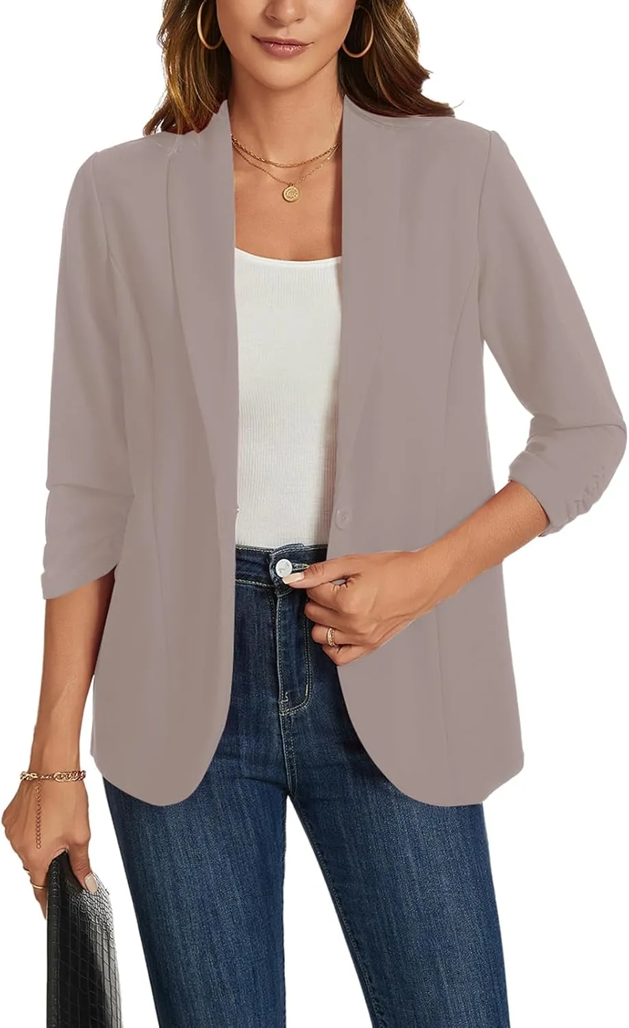 MINTLIMIT Blazers for Women 3/4 Ruched Sleeve Shawl Collar Open Front Business Jacket Blazer Work Office Blazers Jackets
