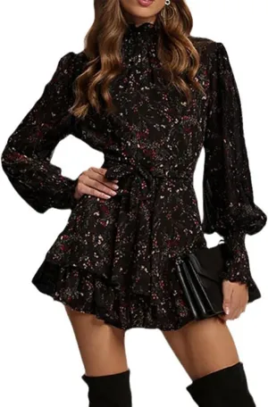 MOLERFO Women's Floral Print Mini Dress Mock Neck Sheer Long Sleeve Dress Tie Waist Layered Ruffle Dresses (Black,Small)