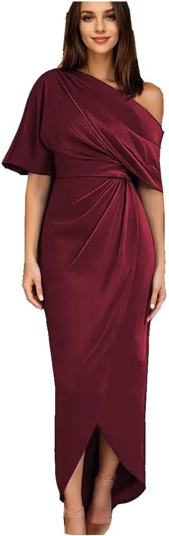 Mother of The Bride Dress for Wedding One Shoulder Satin Tea Length with Sleeves Sheath Slit Formal Evening Dress
