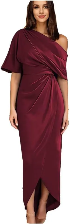 Mother of The Bride Dress for Wedding One Shoulder Satin Tea Length with Sleeves Sheath Slit Formal Evening Dress
