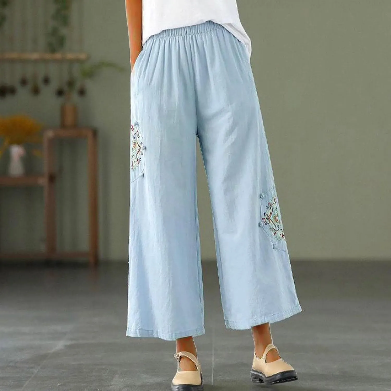 Mzkdieey Womens Wide Leg Capri Pants Mexican Embroidered Peasant Cropped Trousers Cotton Linen High Waist Palazzo Pants