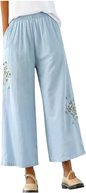 Mzkdieey Womens Wide Leg Capri Pants Mexican Embroidered Peasant Cropped Trousers Cotton Linen High Waist Palazzo Pants