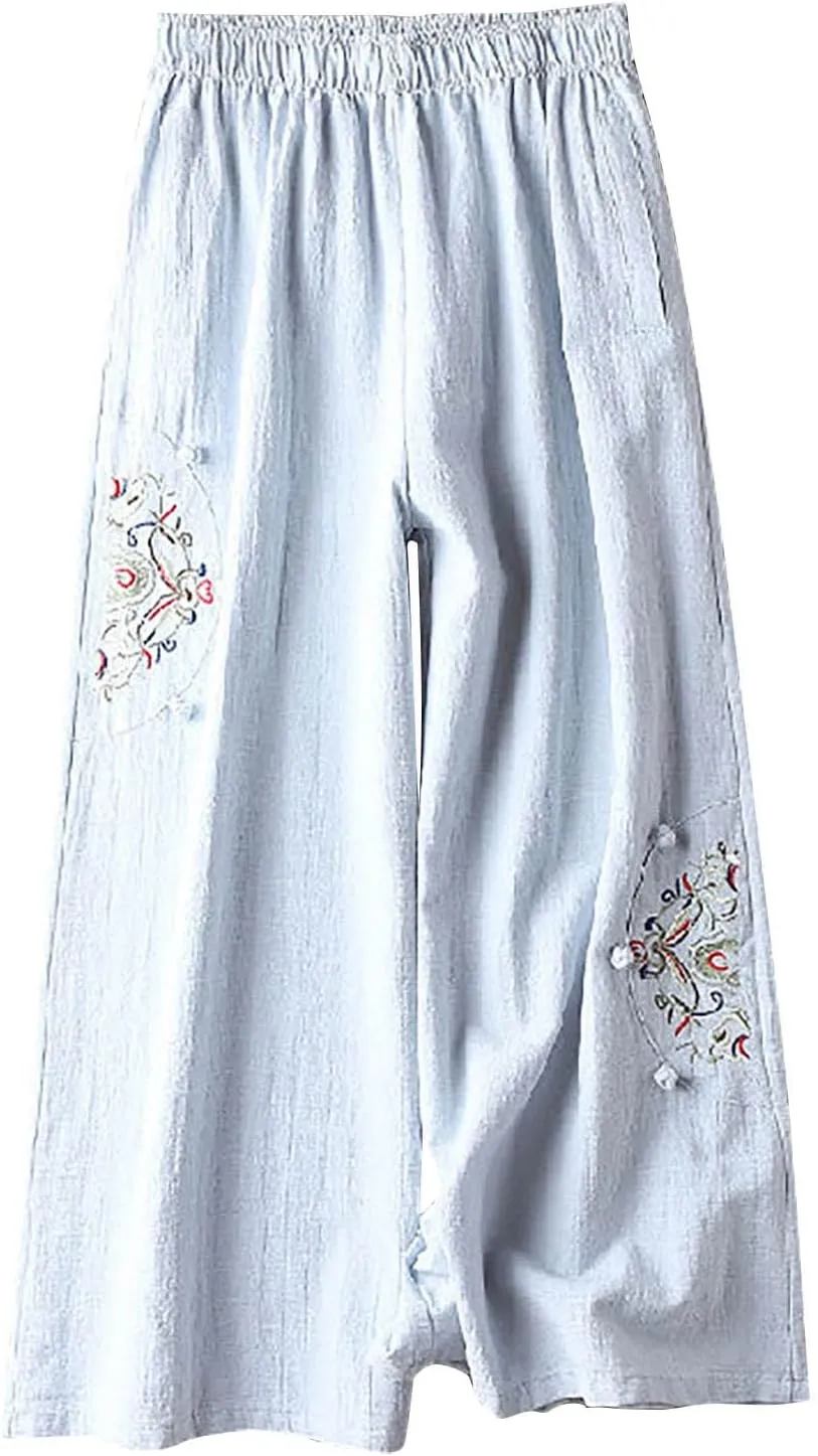 Mzkdieey Womens Wide Leg Capri Pants Mexican Embroidered Peasant Cropped Trousers Cotton Linen High Waist Palazzo Pants