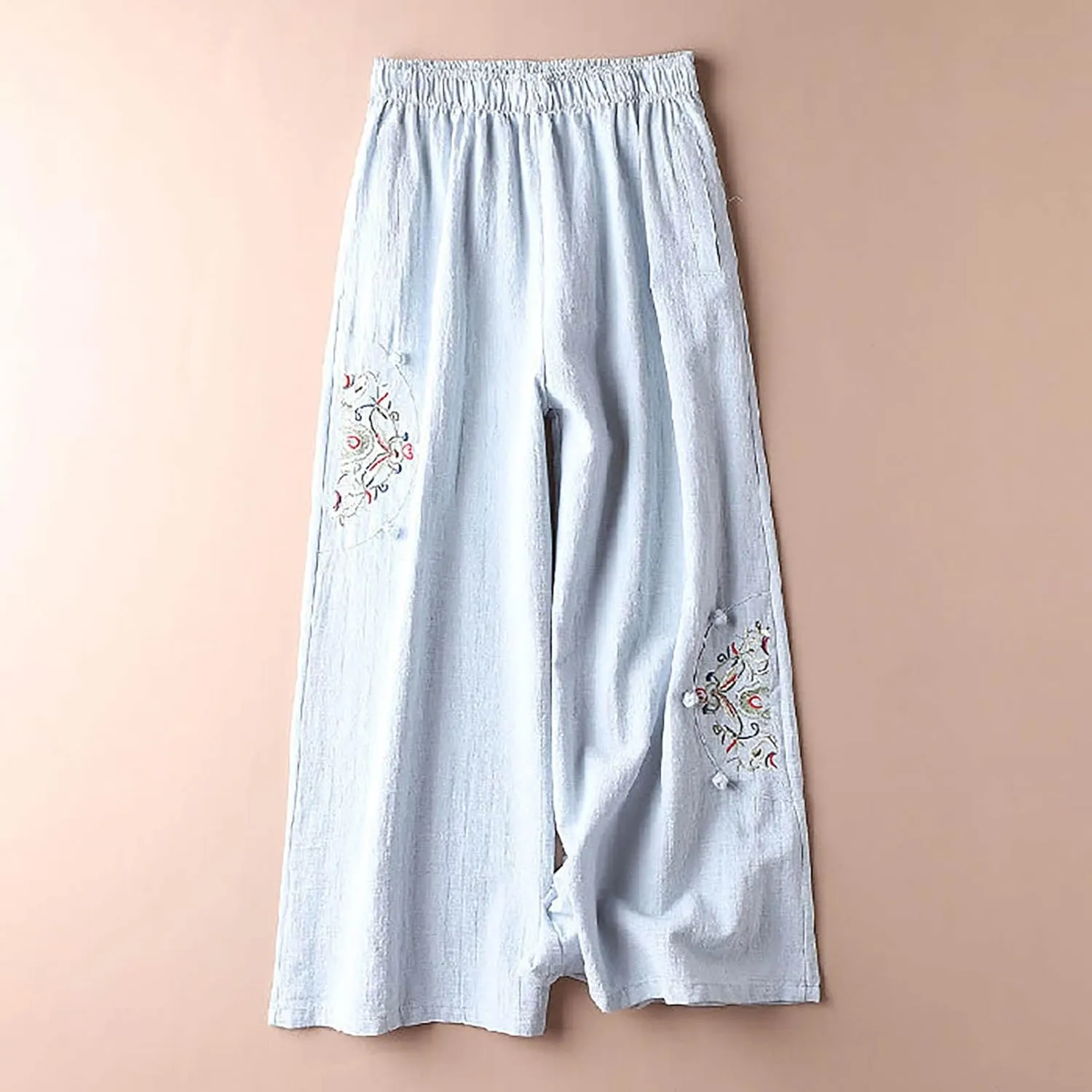 Mzkdieey Womens Wide Leg Capri Pants Mexican Embroidered Peasant Cropped Trousers Cotton Linen High Waist Palazzo Pants