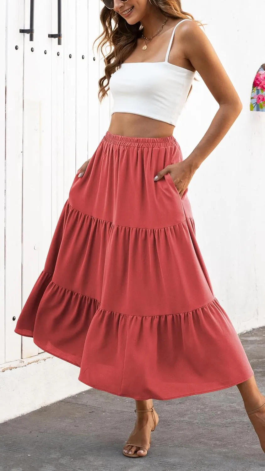 Naggoo Women's Summer Maxi Skirt Tiered A Line Ruffle Elastic High Waisted Flowy Beach Long Skirts with Pockets