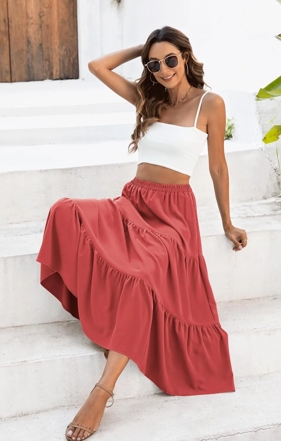 Naggoo Women's Summer Maxi Skirt Tiered A Line Ruffle Elastic High Waisted Flowy Beach Long Skirts with Pockets