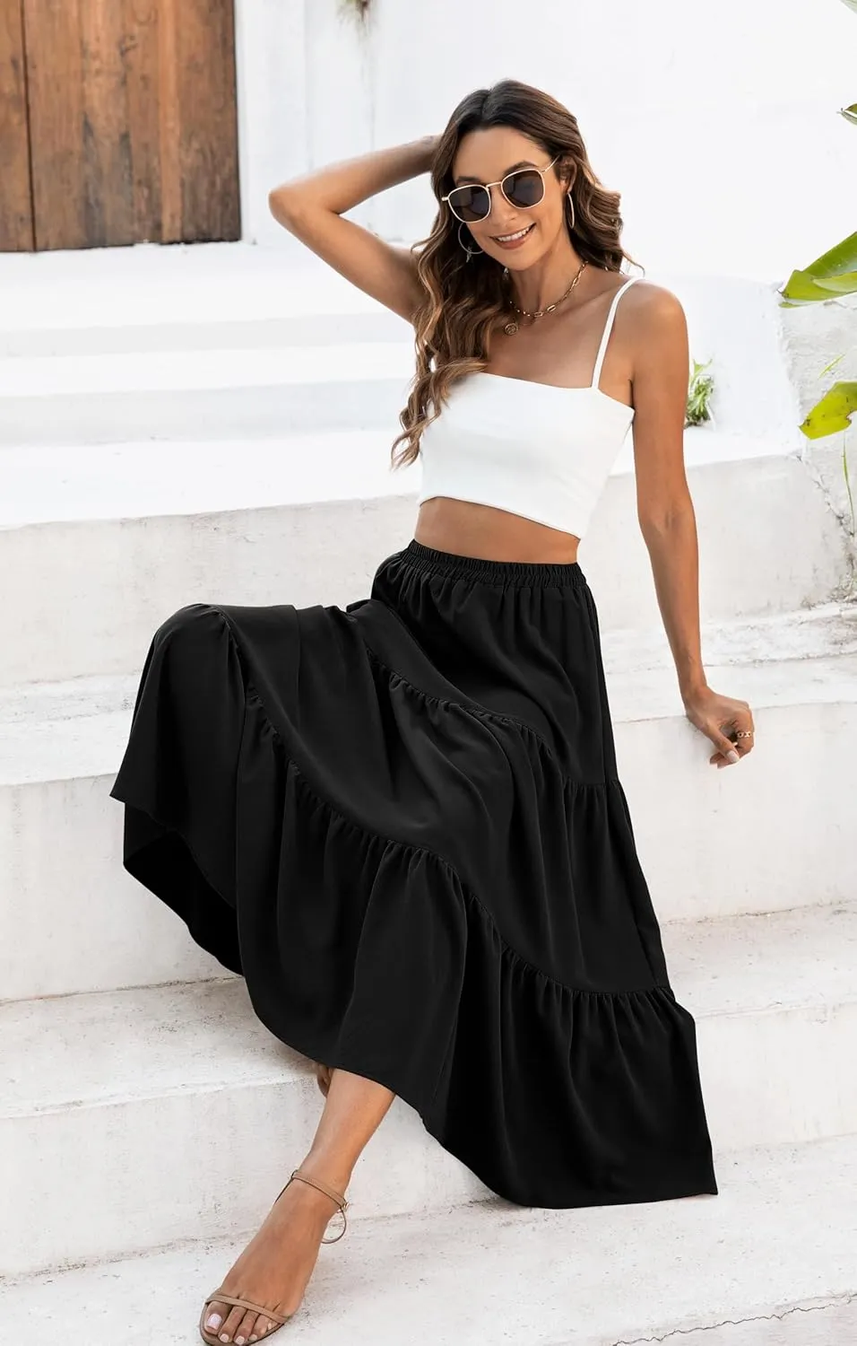 Naggoo Women's Summer Maxi Skirt Tiered A Line Ruffle Elastic High Waisted Flowy Beach Long Skirts with Pockets