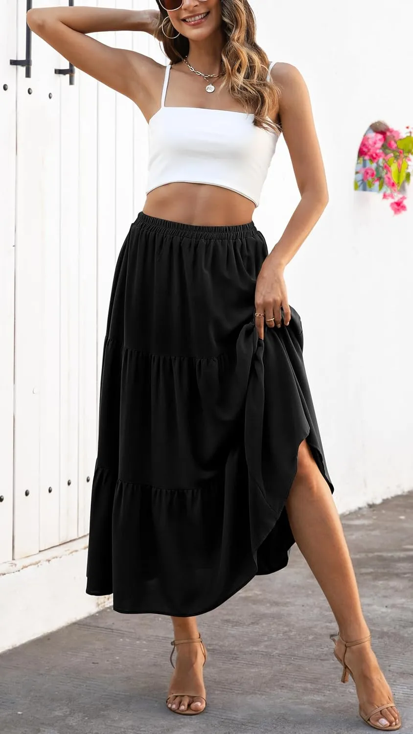 Naggoo Women's Summer Maxi Skirt Tiered A Line Ruffle Elastic High Waisted Flowy Beach Long Skirts with Pockets