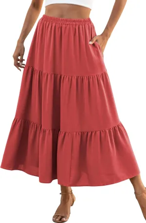 Naggoo Women's Summer Maxi Skirt Tiered A Line Ruffle Elastic High Waisted Flowy Beach Long Skirts with Pockets