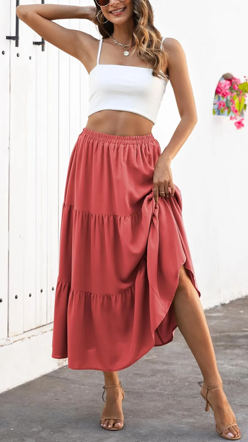 Naggoo Women's Summer Maxi Skirt Tiered A Line Ruffle Elastic High Waisted Flowy Beach Long Skirts with Pockets