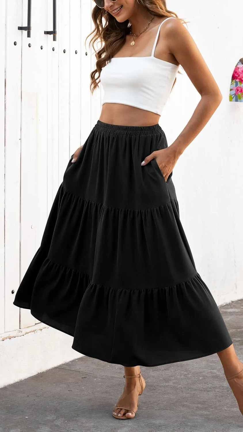 Naggoo Women's Summer Maxi Skirt Tiered A Line Ruffle Elastic High Waisted Flowy Beach Long Skirts with Pockets