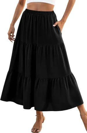 Naggoo Women's Summer Maxi Skirt Tiered A Line Ruffle Elastic High Waisted Flowy Beach Long Skirts with Pockets