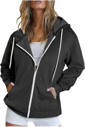 NaRHbrg Women's Full Zip Up Hoodie Long Sleeve Hooded Sweatshirts Thin Casual Hoodies Jackets Oversized Pullover with Pockets