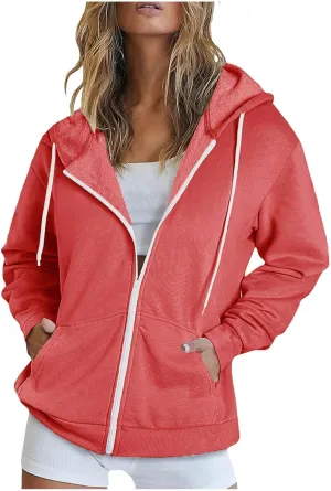 NaRHbrg Women's Full Zip Up Hoodie Long Sleeve Hooded Sweatshirts Thin Casual Hoodies Jackets Oversized Pullover with Pockets