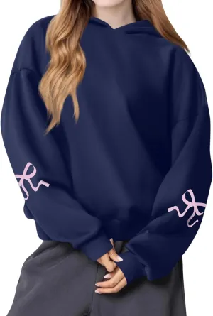 NBXNZWF Womens Bow Graphic Hoodies Oversized Long Sleeve Hooded Sweatshirts Drop Shoulder Cute Y2k Teen Girls Pullover Top