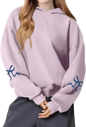 NBXNZWF Womens Bow Graphic Hoodies Oversized Long Sleeve Hooded Sweatshirts Drop Shoulder Cute Y2k Teen Girls Pullover Top