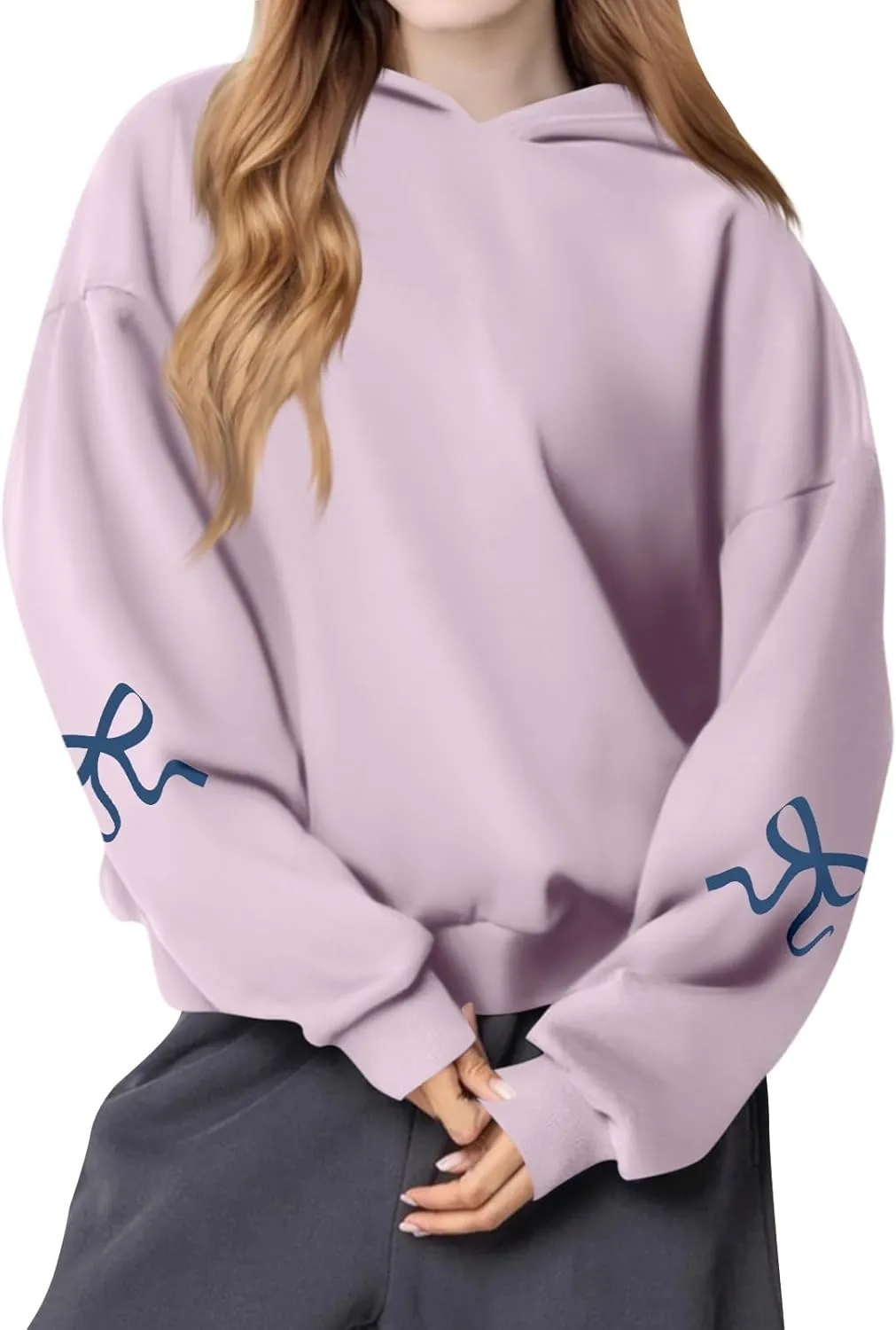 NBXNZWF Womens Bow Graphic Hoodies Oversized Long Sleeve Hooded Sweatshirts Drop Shoulder Cute Y2k Teen Girls Pullover Top