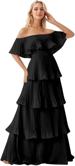 Off Shoulder Prom Dresses Long Ball Gown Chiffon Pleated Evening Dress for Women Elegant Classy