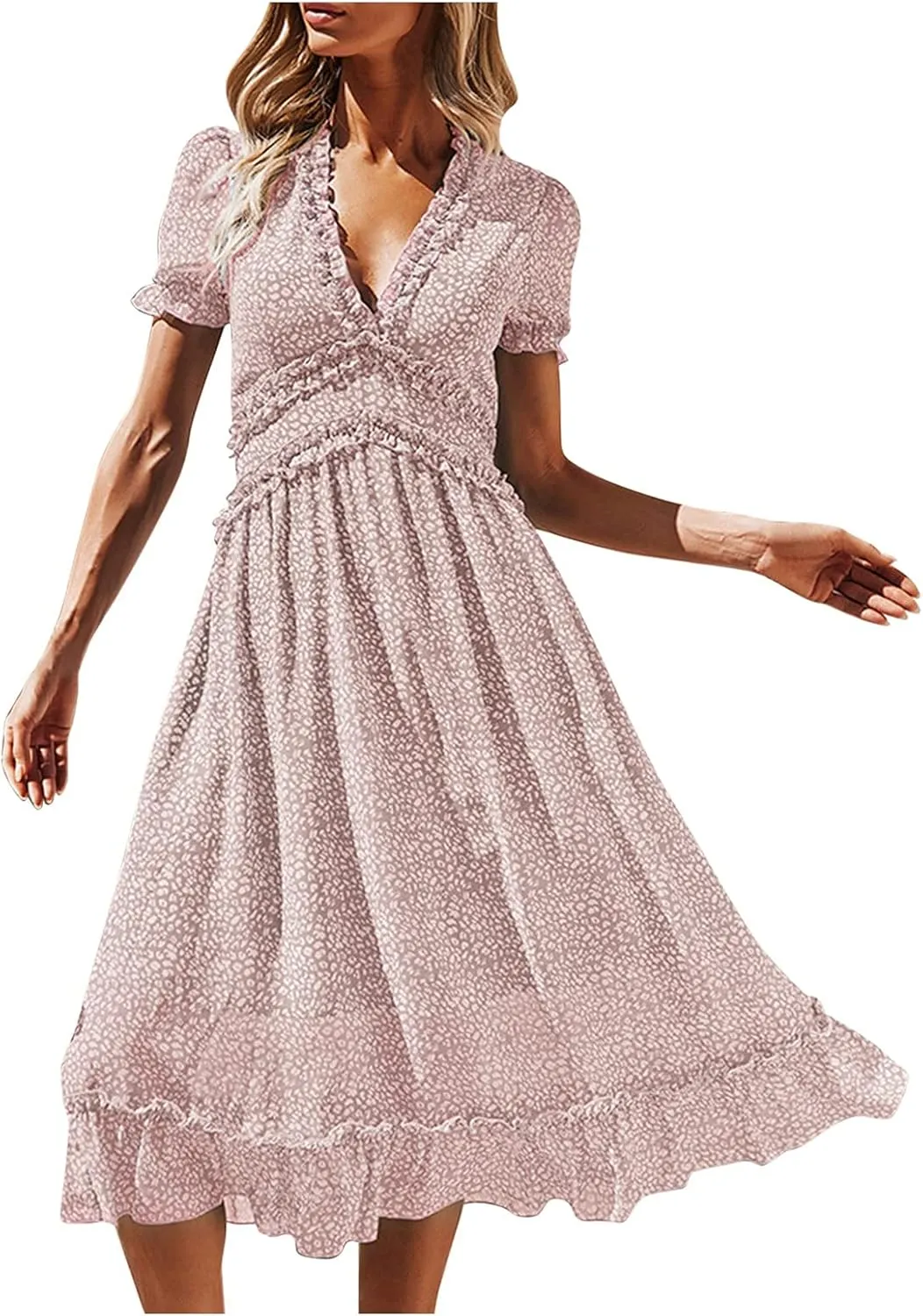 Ollysqiar Dresses Women's 2023 Floral Summer Dress Wrap V Neck Short Sleeve Belted Ruffle Hem A-Line Bohemian Dresses A02 91