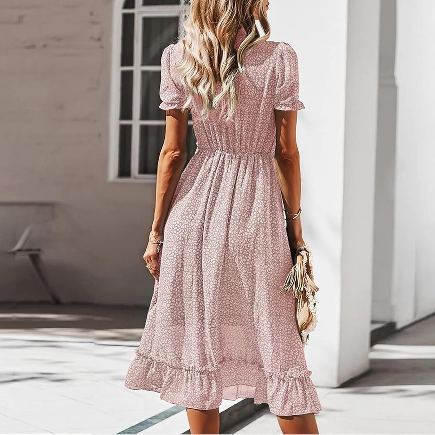Ollysqiar Dresses Women's 2023 Floral Summer Dress Wrap V Neck Short Sleeve Belted Ruffle Hem A-Line Bohemian Dresses A02 91
