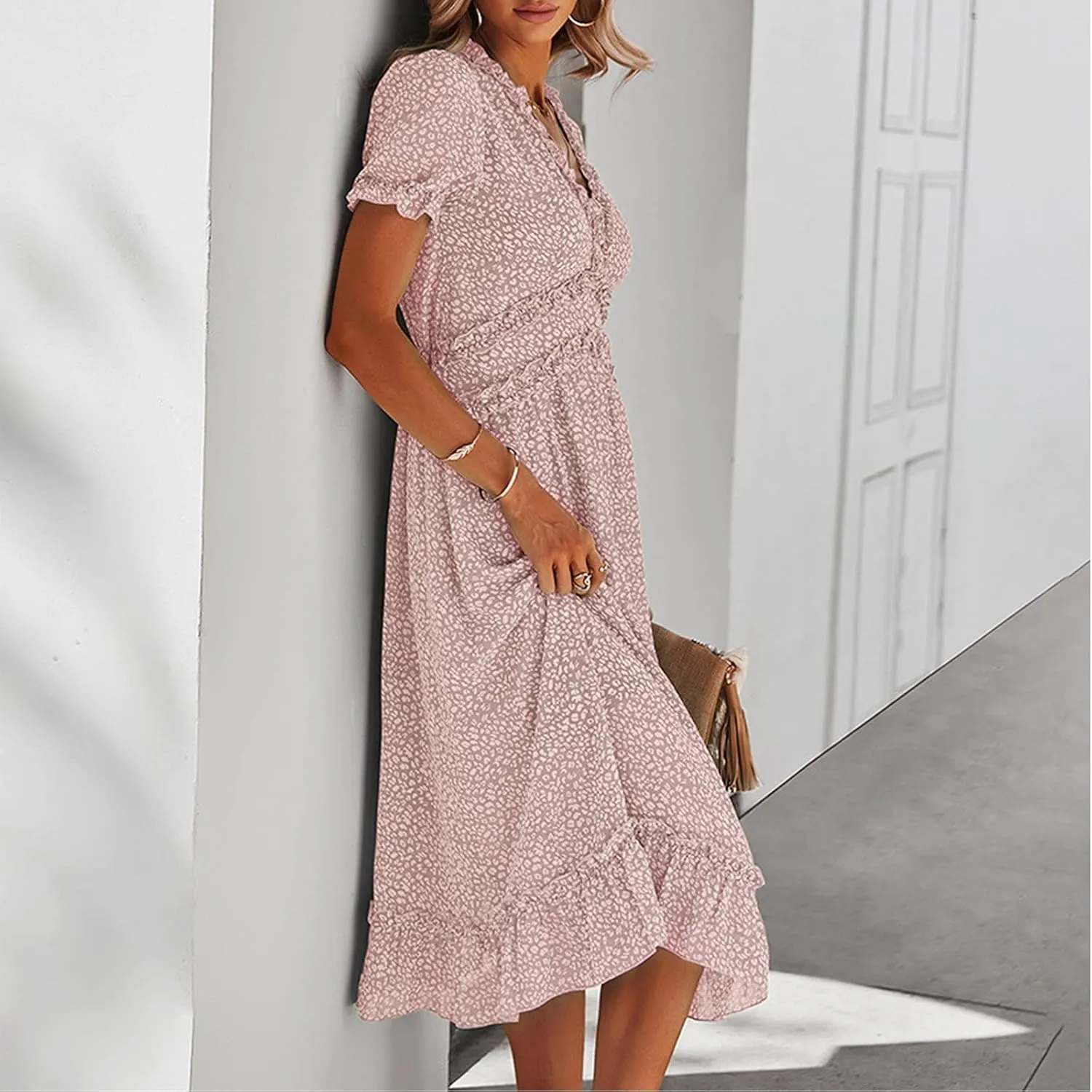 Ollysqiar Dresses Women's 2023 Floral Summer Dress Wrap V Neck Short Sleeve Belted Ruffle Hem A-Line Bohemian Dresses A02 91