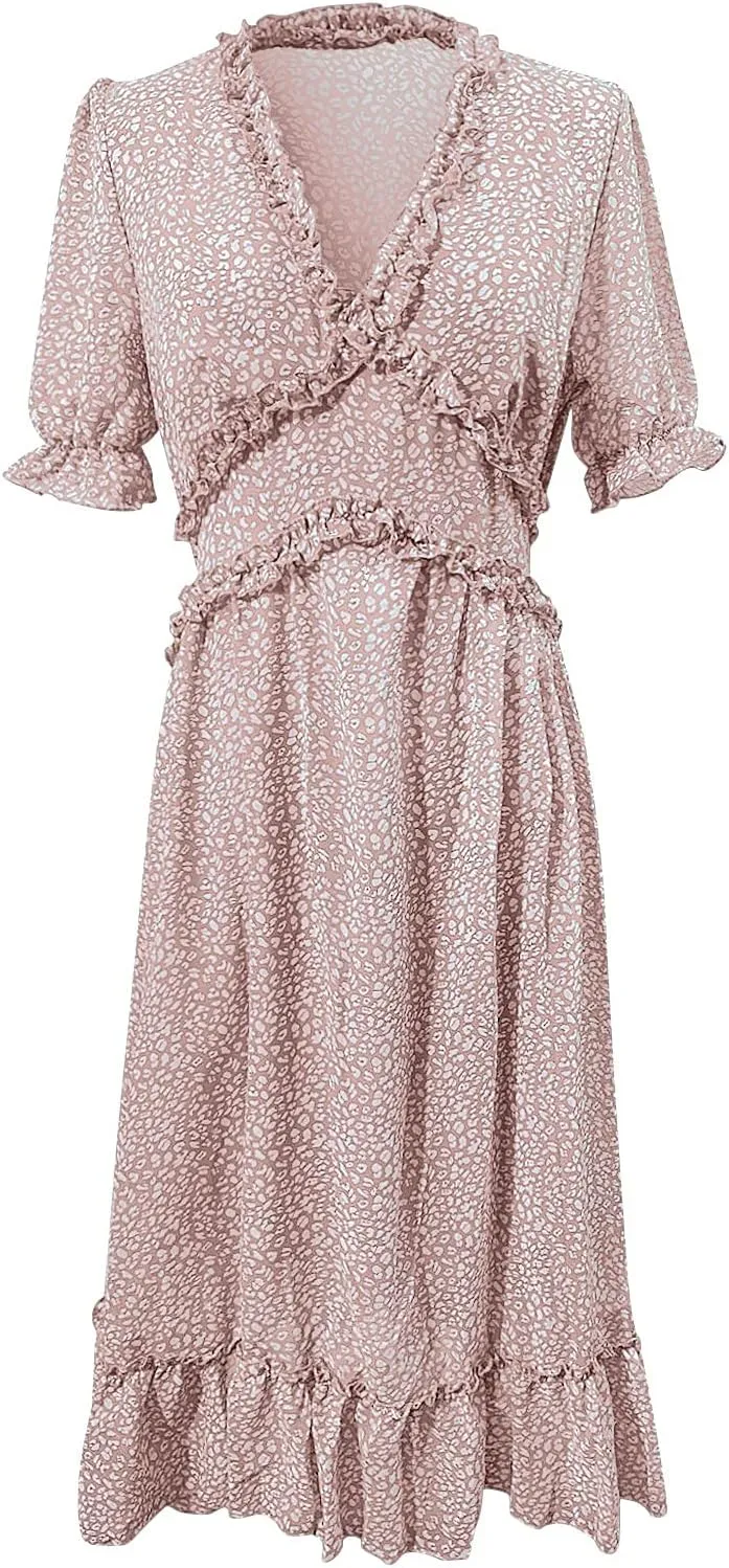 Ollysqiar Dresses Women's 2023 Floral Summer Dress Wrap V Neck Short Sleeve Belted Ruffle Hem A-Line Bohemian Dresses A02 91