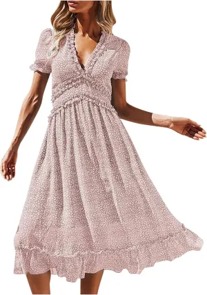 Ollysqiar Dresses Women's 2023 Floral Summer Dress Wrap V Neck Short Sleeve Belted Ruffle Hem A-Line Bohemian Dresses A02 91