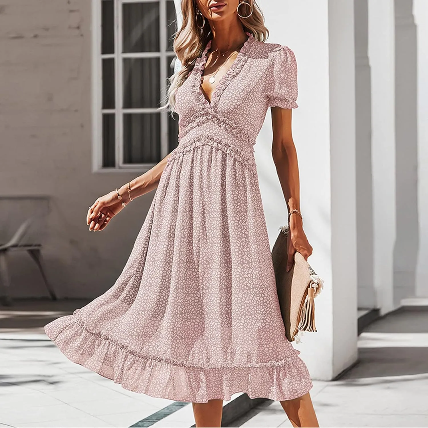 Ollysqiar Dresses Women's 2023 Floral Summer Dress Wrap V Neck Short Sleeve Belted Ruffle Hem A-Line Bohemian Dresses A02 91