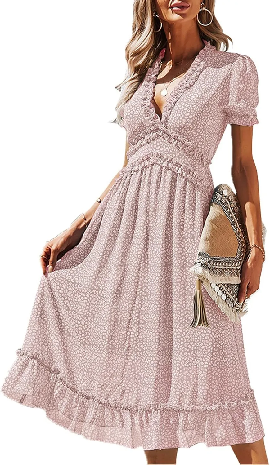 Ollysqiar Dresses Women's 2023 Floral Summer Dress Wrap V Neck Short Sleeve Belted Ruffle Hem A-Line Bohemian Dresses A02 91