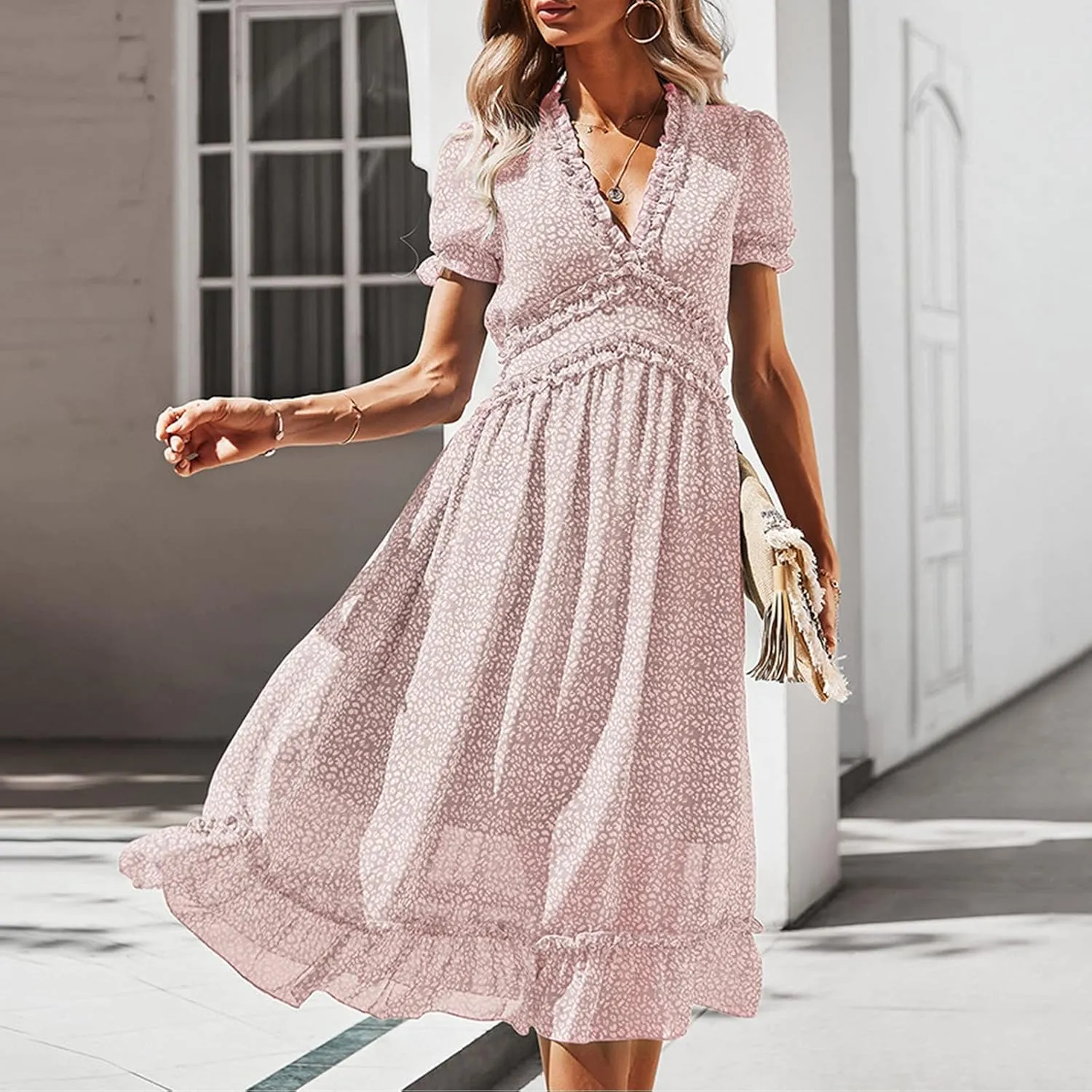 Ollysqiar Dresses Women's 2023 Floral Summer Dress Wrap V Neck Short Sleeve Belted Ruffle Hem A-Line Bohemian Dresses A02 91
