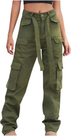 Outdoor Cargo Jeans Women's Relax Fit Casual Straight Leg Cargo Pants High Waisted Military Pockets Work Trouser
