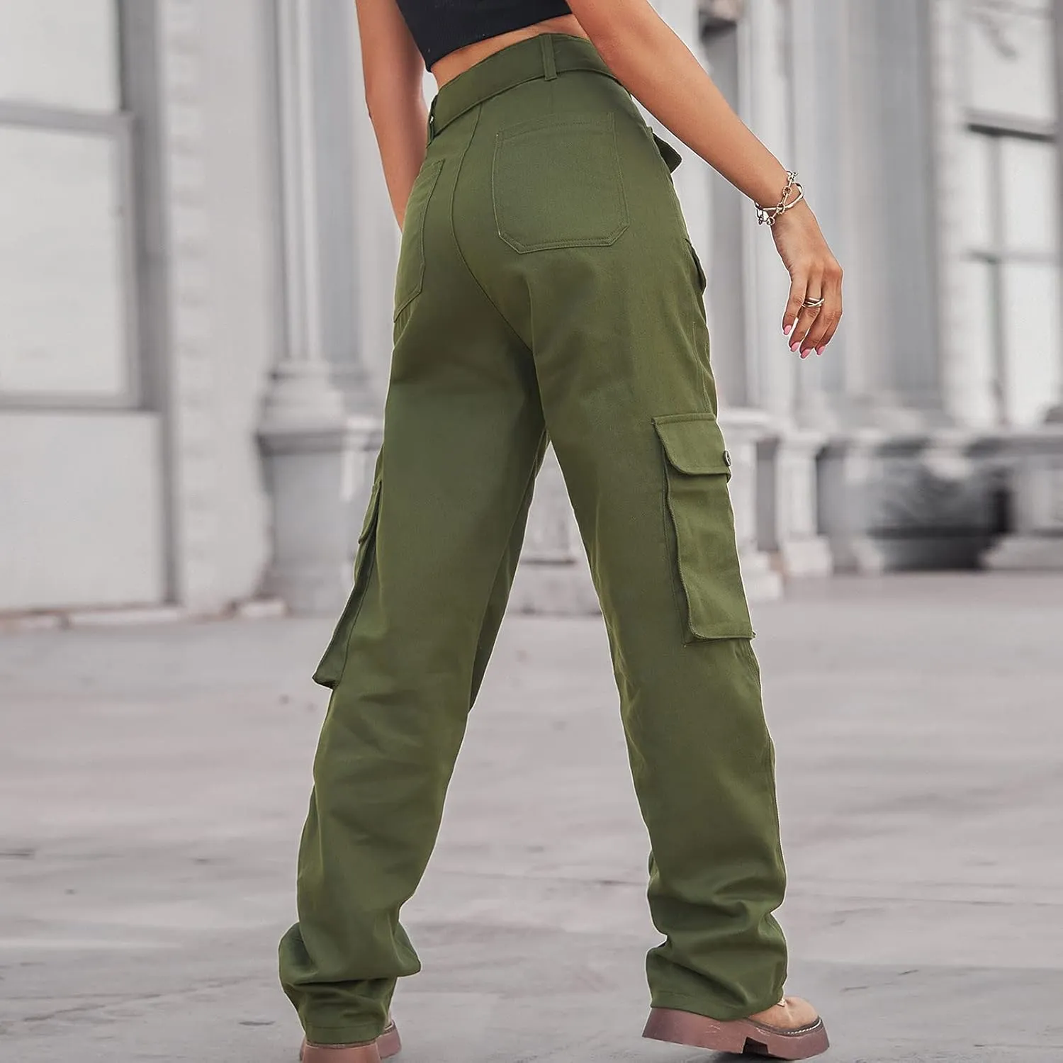 Outdoor Cargo Jeans Women's Relax Fit Casual Straight Leg Cargo Pants High Waisted Military Pockets Work Trouser