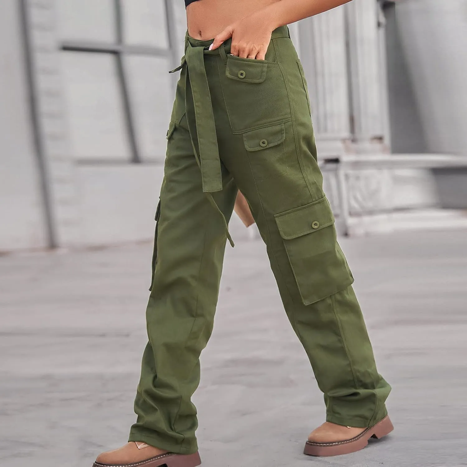 Outdoor Cargo Jeans Women's Relax Fit Casual Straight Leg Cargo Pants High Waisted Military Pockets Work Trouser
