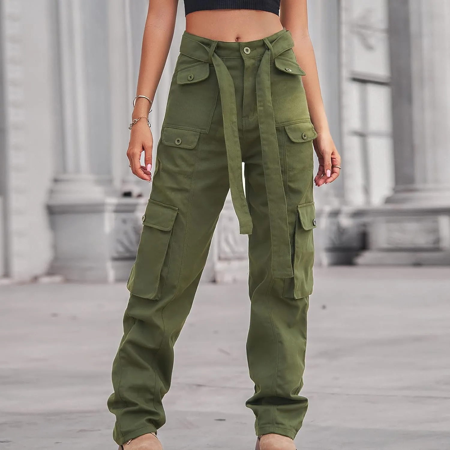 Outdoor Cargo Jeans Women's Relax Fit Casual Straight Leg Cargo Pants High Waisted Military Pockets Work Trouser
