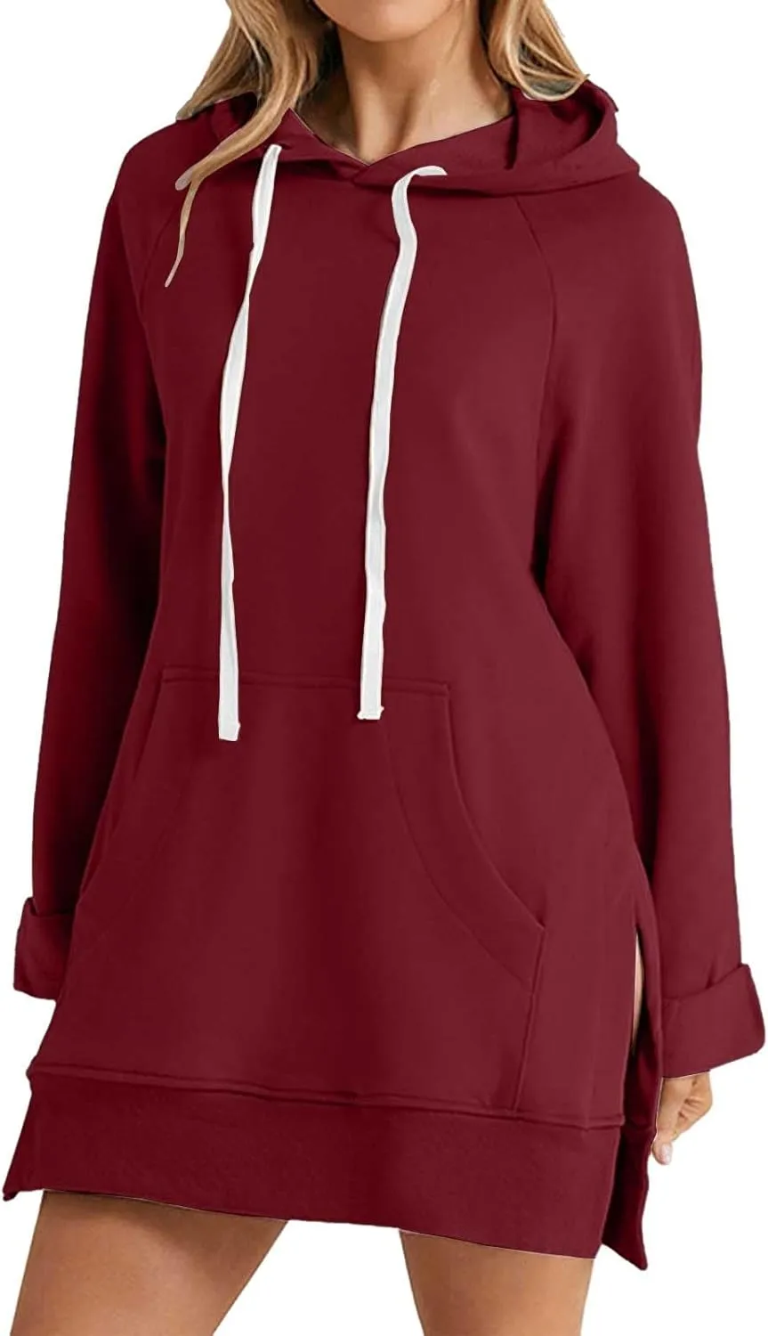 Oversized Hoodie Dress for Women Casual Warm Drawstring Long Sweatshirt with Pocket Fashion Split Hem Long Sleeve Hoodies