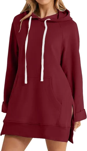 Oversized Hoodie Dress for Women Casual Warm Drawstring Long Sweatshirt with Pocket Fashion Split Hem Long Sleeve Hoodies