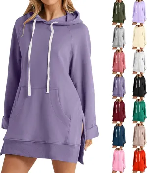 Oversized Hoodie Dress for Women Casual Warm Drawstring Long Sweatshirt with Pocket Fashion Split Hem Long Sleeve Hoodies