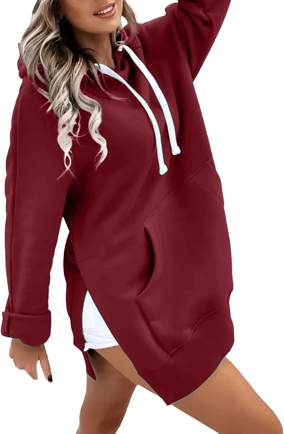 Oversized Hoodie Dress for Women Casual Warm Drawstring Long Sweatshirt with Pocket Fashion Split Hem Long Sleeve Hoodies