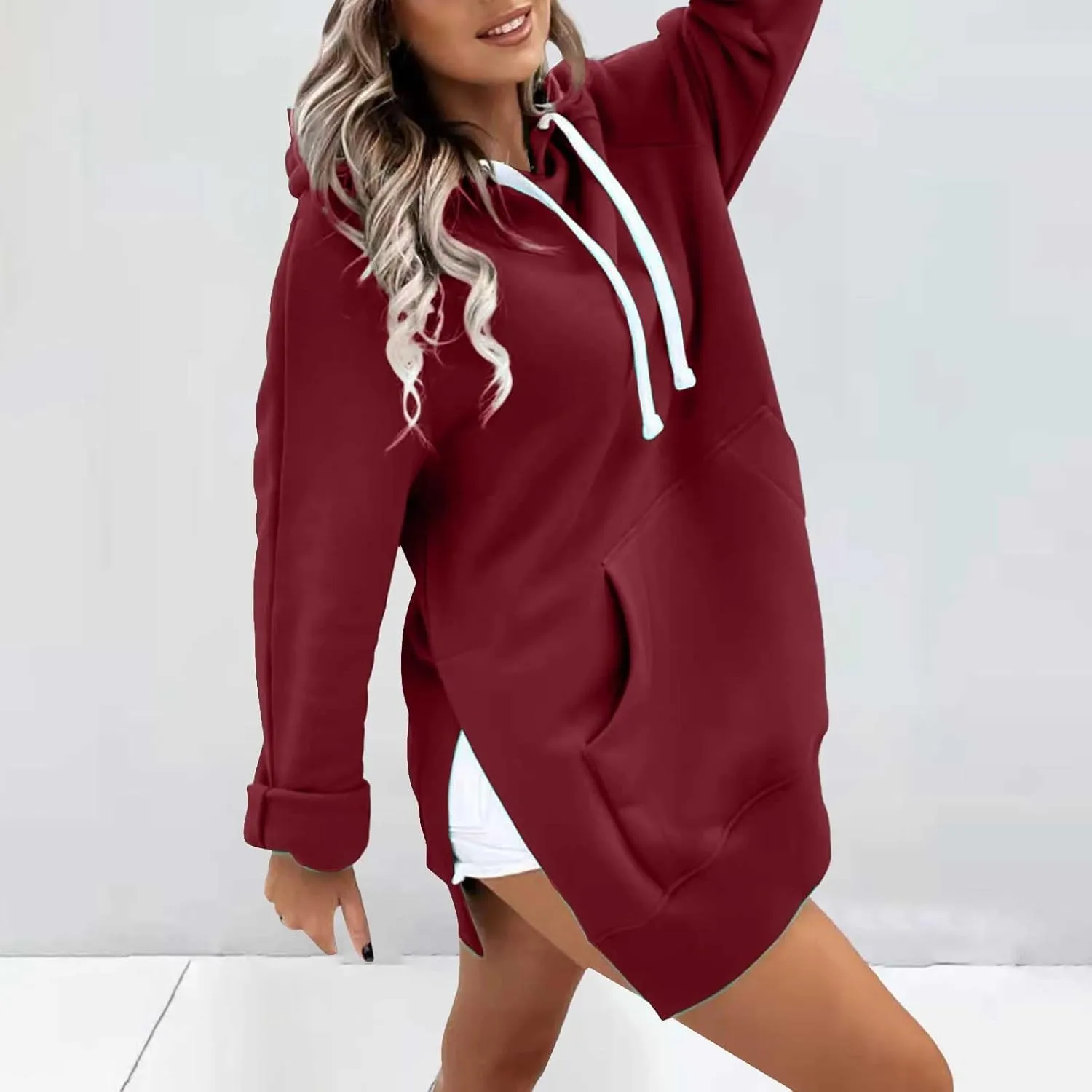Oversized Hoodie Dress for Women Casual Warm Drawstring Long Sweatshirt with Pocket Fashion Split Hem Long Sleeve Hoodies