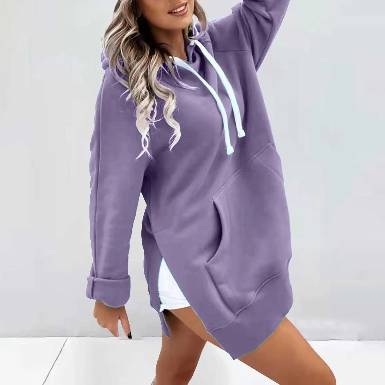 Oversized Hoodie Dress for Women Casual Warm Drawstring Long Sweatshirt with Pocket Fashion Split Hem Long Sleeve Hoodies