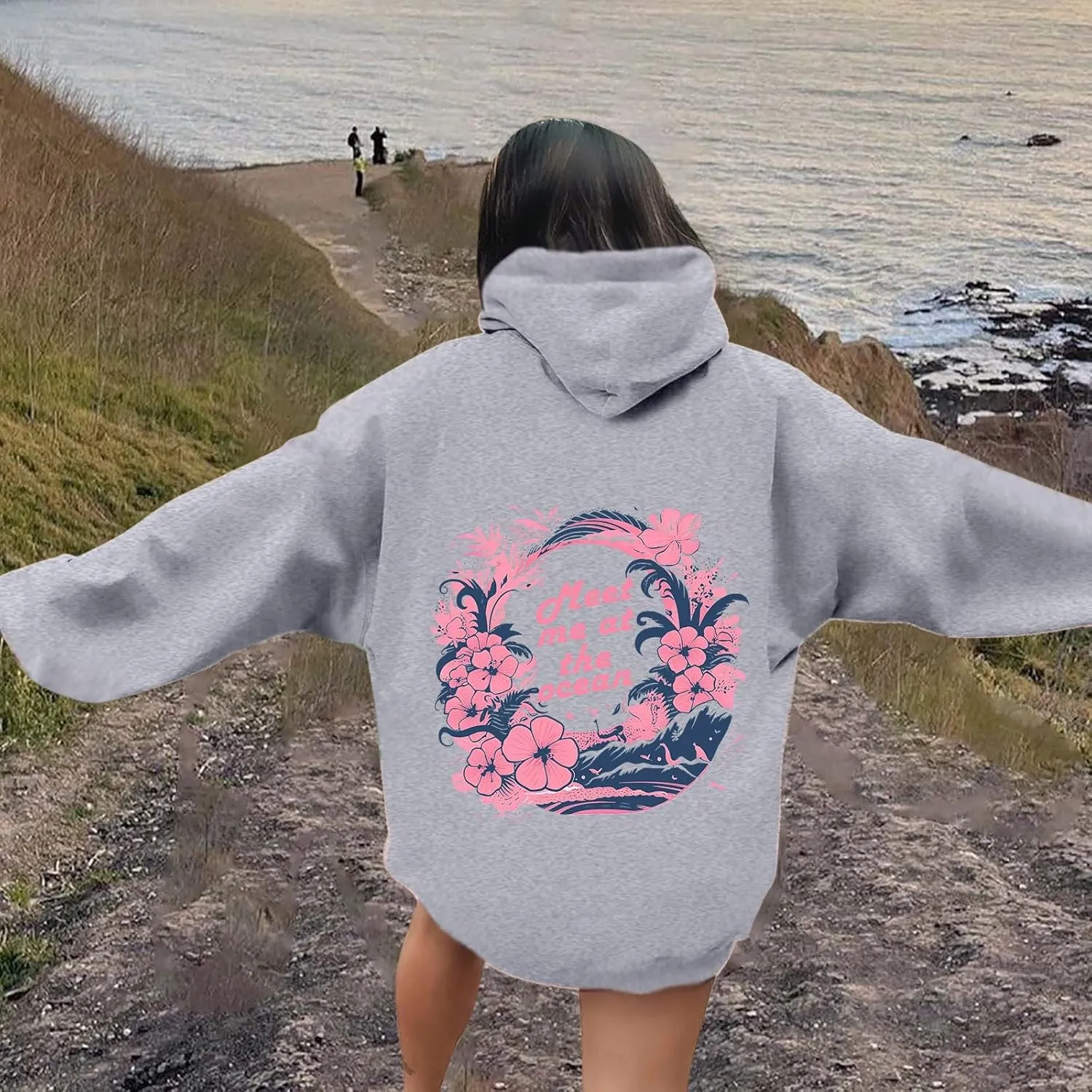 Pink Pom Puff Oversized Hoodies for Women, Teen Girls Preppy Sweatshirt Long Sleeve Y2K Graphic Tees with Pockets