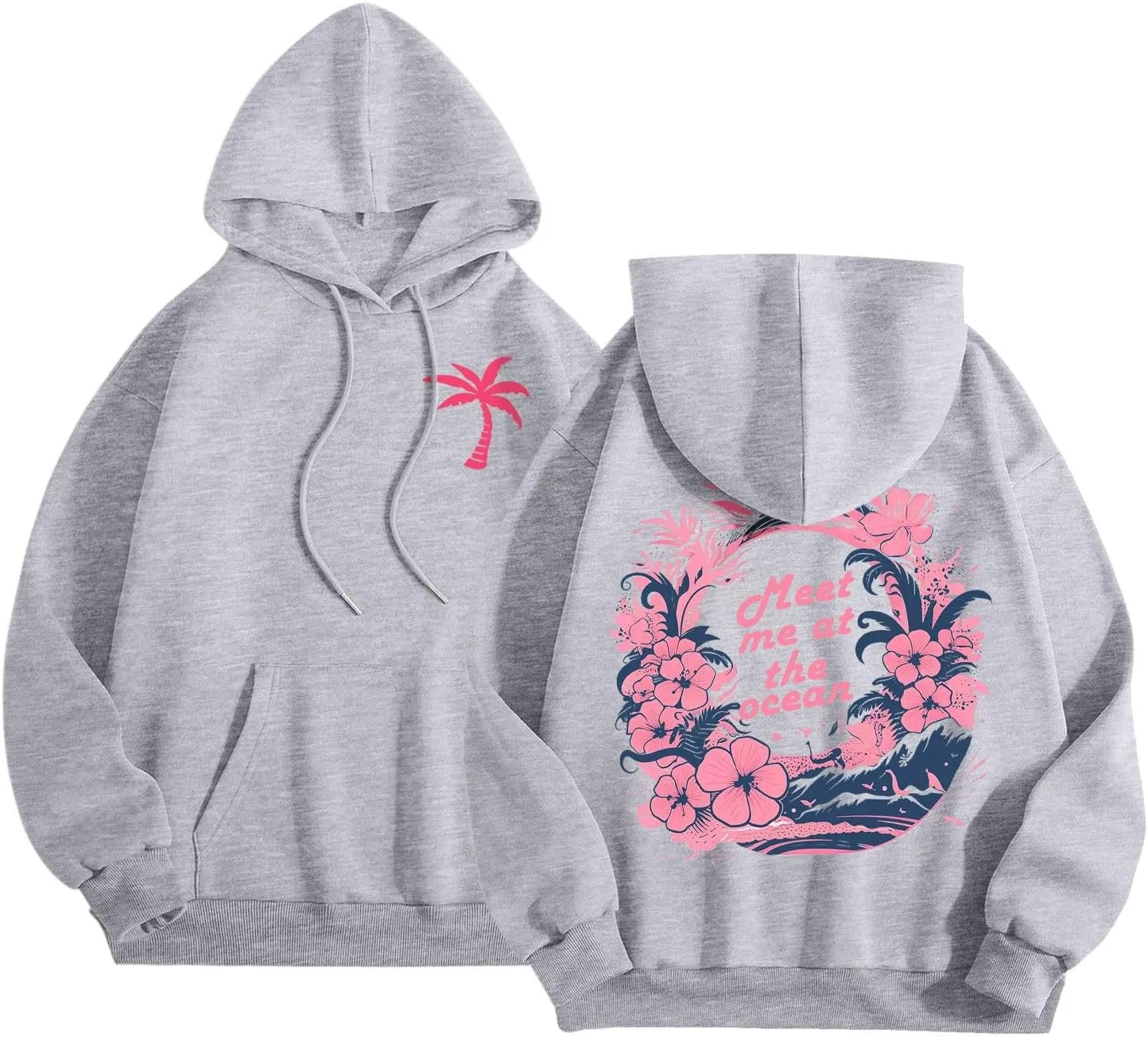 Pink Pom Puff Oversized Hoodies for Women, Teen Girls Preppy Sweatshirt Long Sleeve Y2K Graphic Tees with Pockets