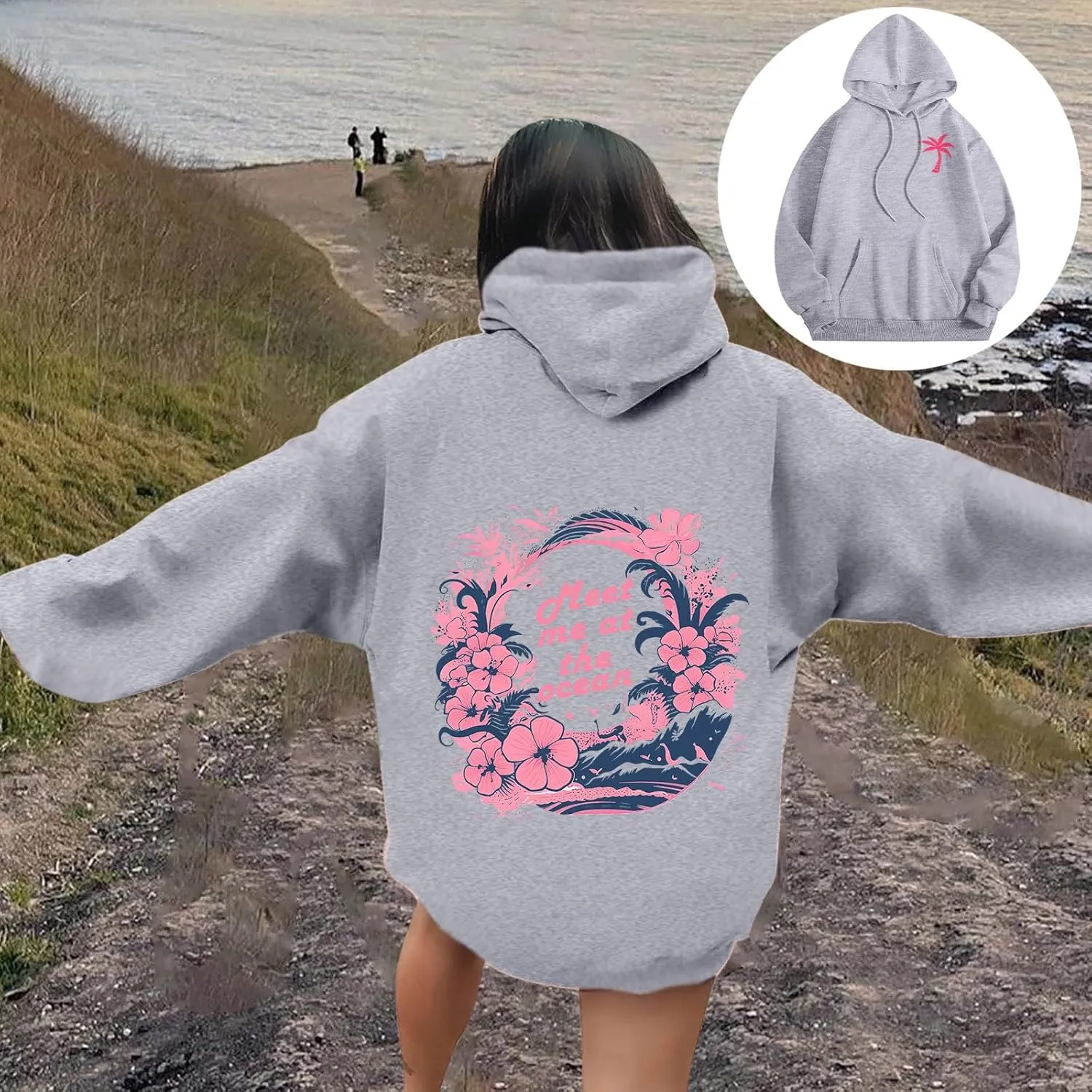 Pink Pom Puff Oversized Hoodies for Women, Teen Girls Preppy Sweatshirt Long Sleeve Y2K Graphic Tees with Pockets