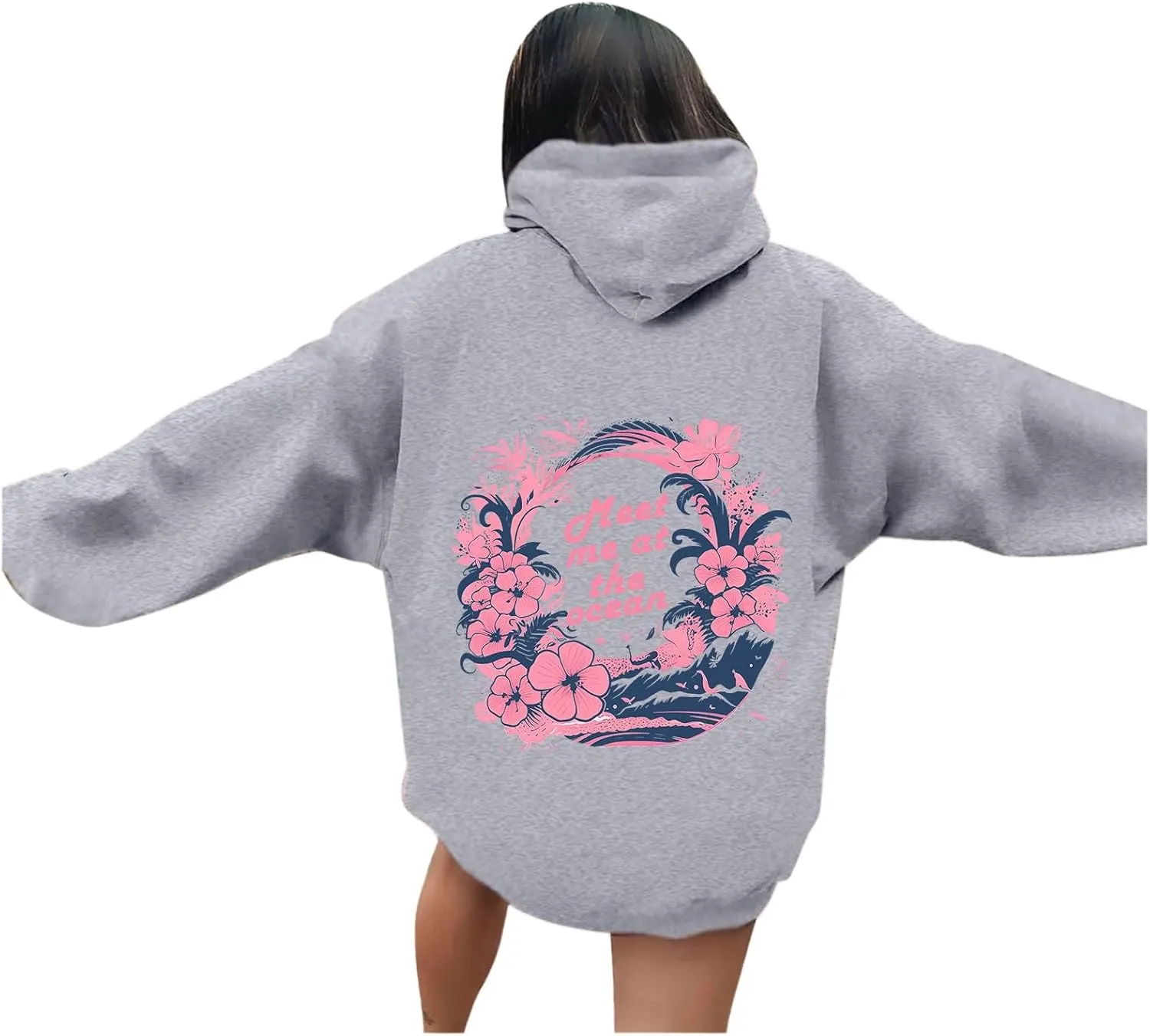 Pink Pom Puff Oversized Hoodies for Women, Teen Girls Preppy Sweatshirt Long Sleeve Y2K Graphic Tees with Pockets