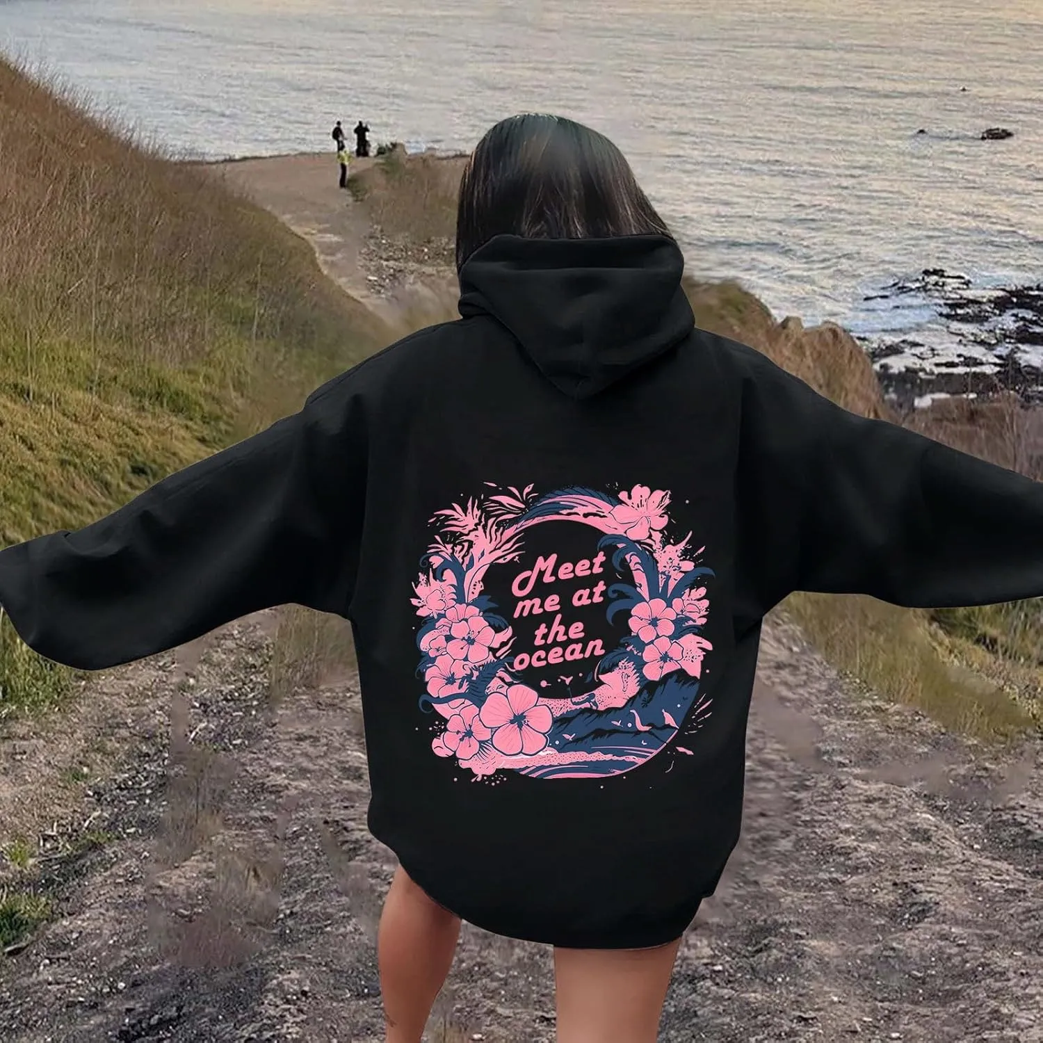 Pink Pom Puff Oversized Hoodies for Women, Teen Girls Preppy Sweatshirt Long Sleeve Y2K Graphic Tees with Pockets