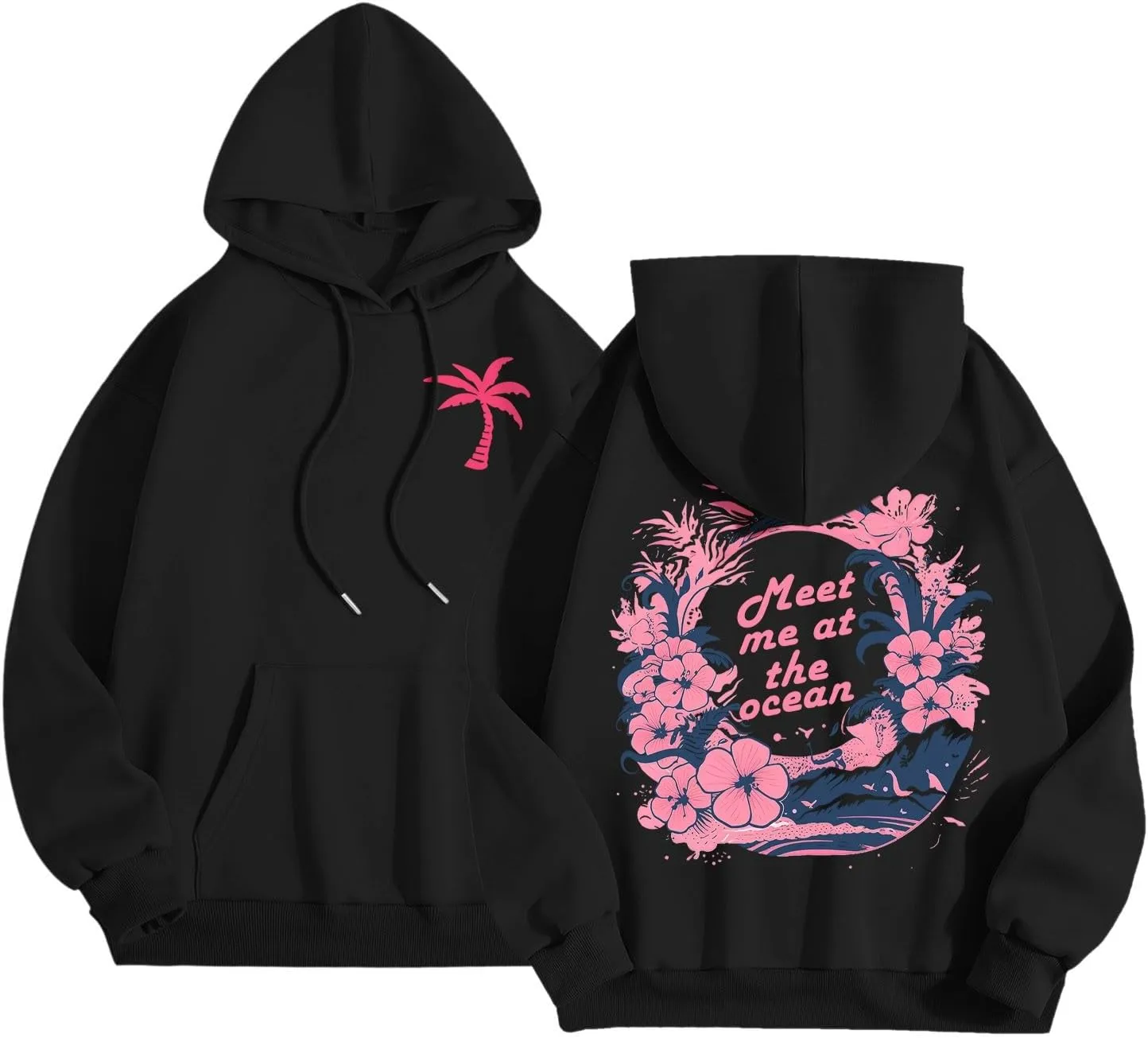 Pink Pom Puff Oversized Hoodies for Women, Teen Girls Preppy Sweatshirt Long Sleeve Y2K Graphic Tees with Pockets